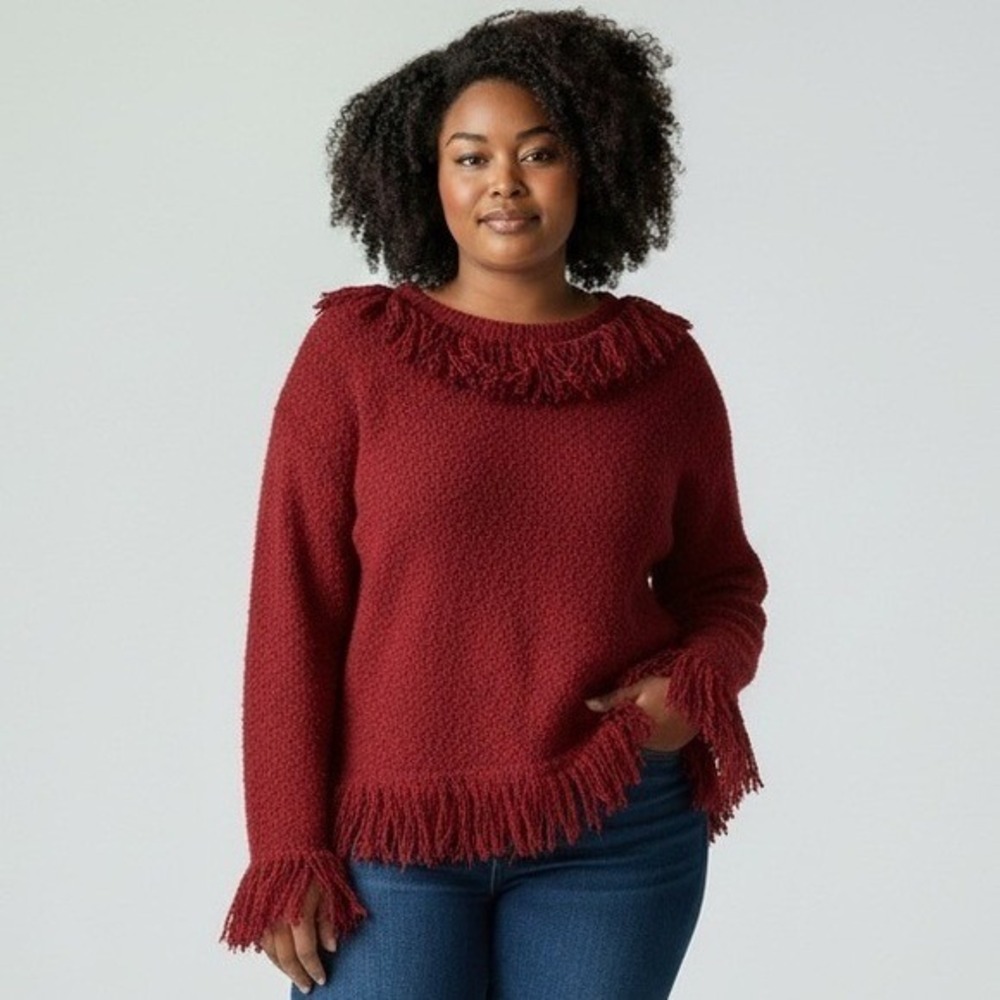 Hearts of Palm Red Textured Knit Fringe Sweater Women's Size‎ S